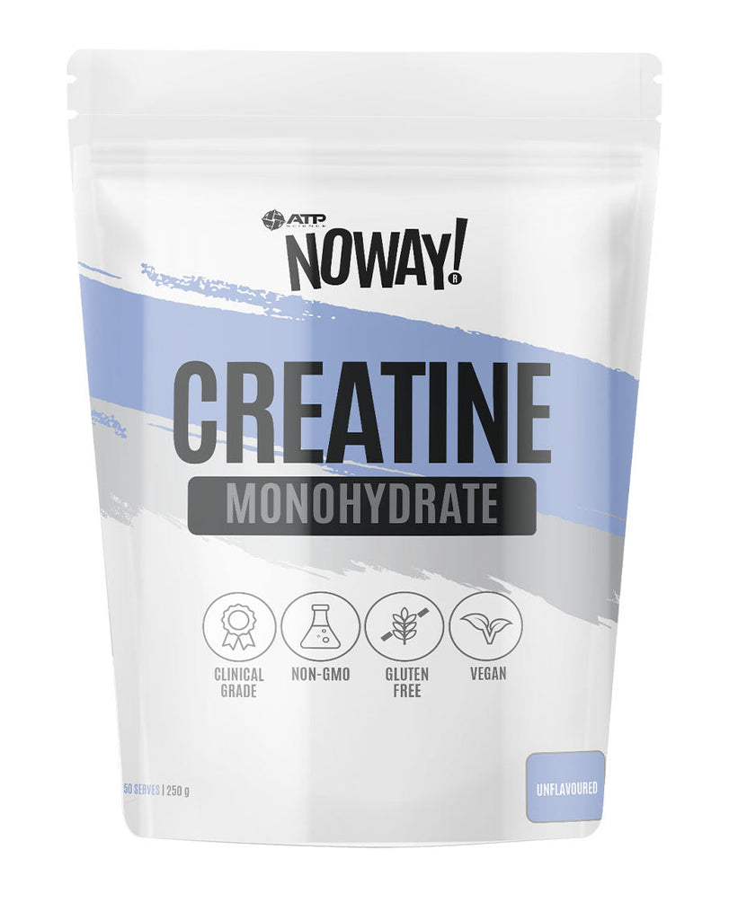 Unflavoured creatine monohydrate by NOWAY, 250g pouch with blue label highlights, gluten-free and non-GMO