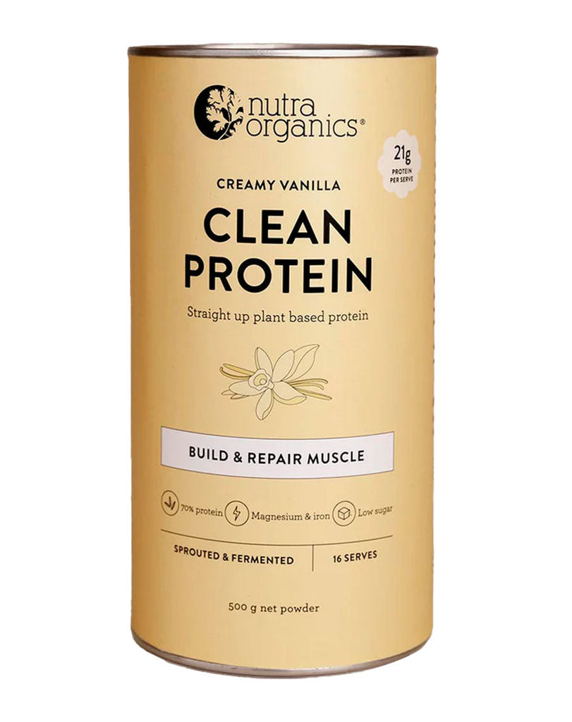 Plant-based creamy vanilla protein by Nutra Organics, 500g tin with 21g protein per serve