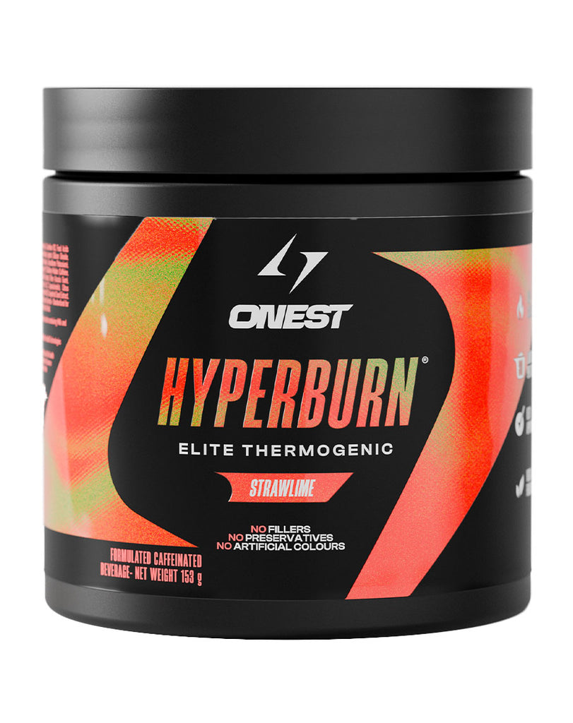 Onest Hyperburn Elite thermogenic supplement strawlime flavour 153g pre workout tub