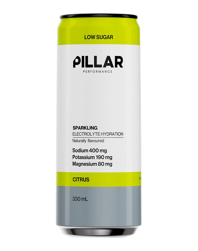 Pillar Performance Citrus sparkling electrolyte hydration drink 330mL can with low sugar front label