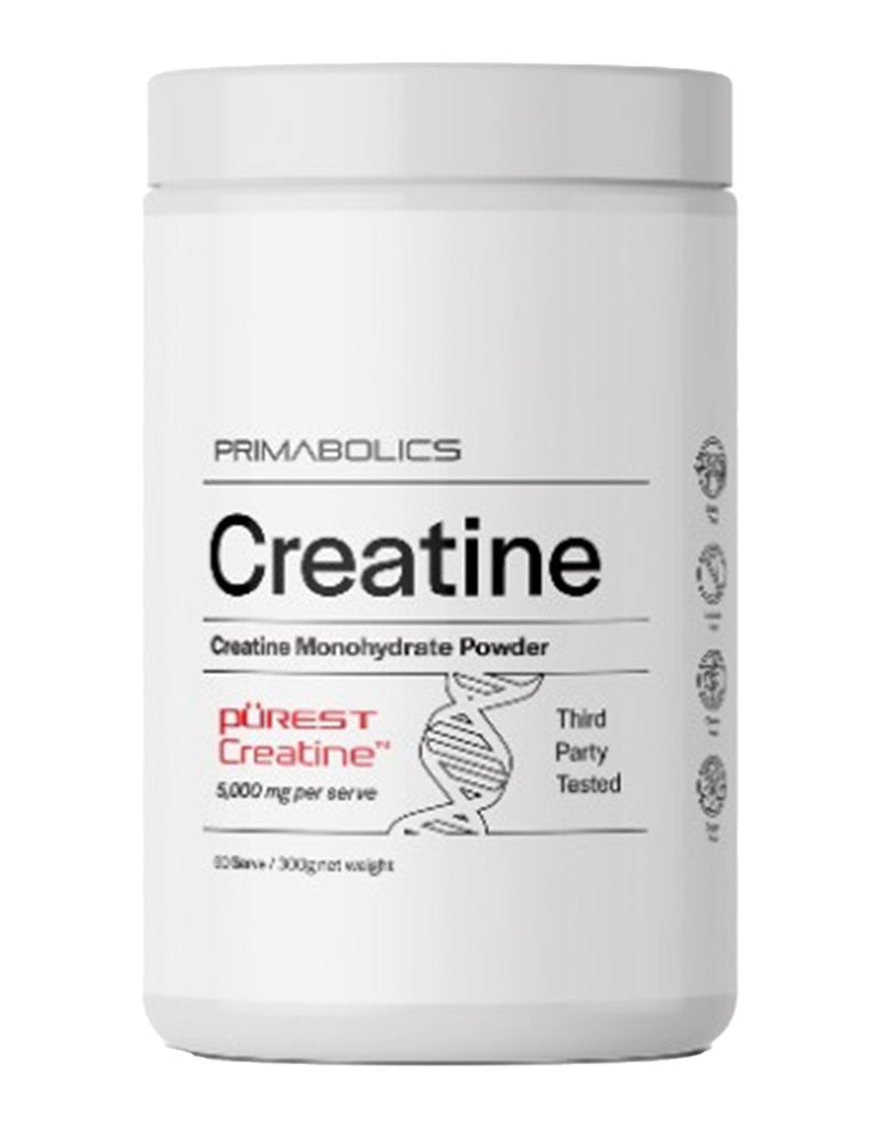 White Primabolics creatine powder container, 300g tub with creatine monohydrate label and Purest Creatine 5000mg per serve