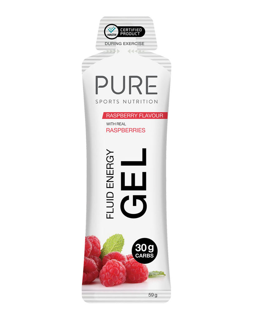 PURE raspberry fluid energy gel 59g pouch with real raspberries, sports nutrition gel providing 30g carbs