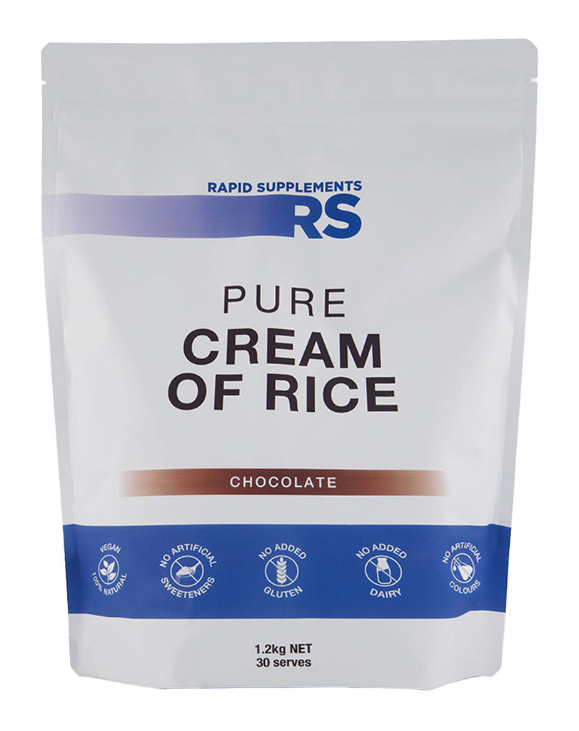 1.2kg chocolate-flavoured pure cream of rice by Rapid Supplements in white bag with health badges