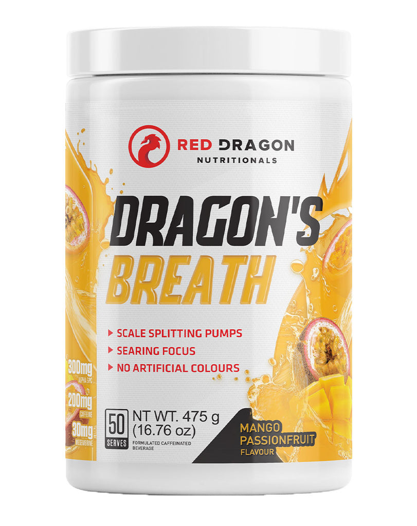 Red Dragon Dragon’s Breath pre workout mango passionfruit 475g tub with white container and orange splash label