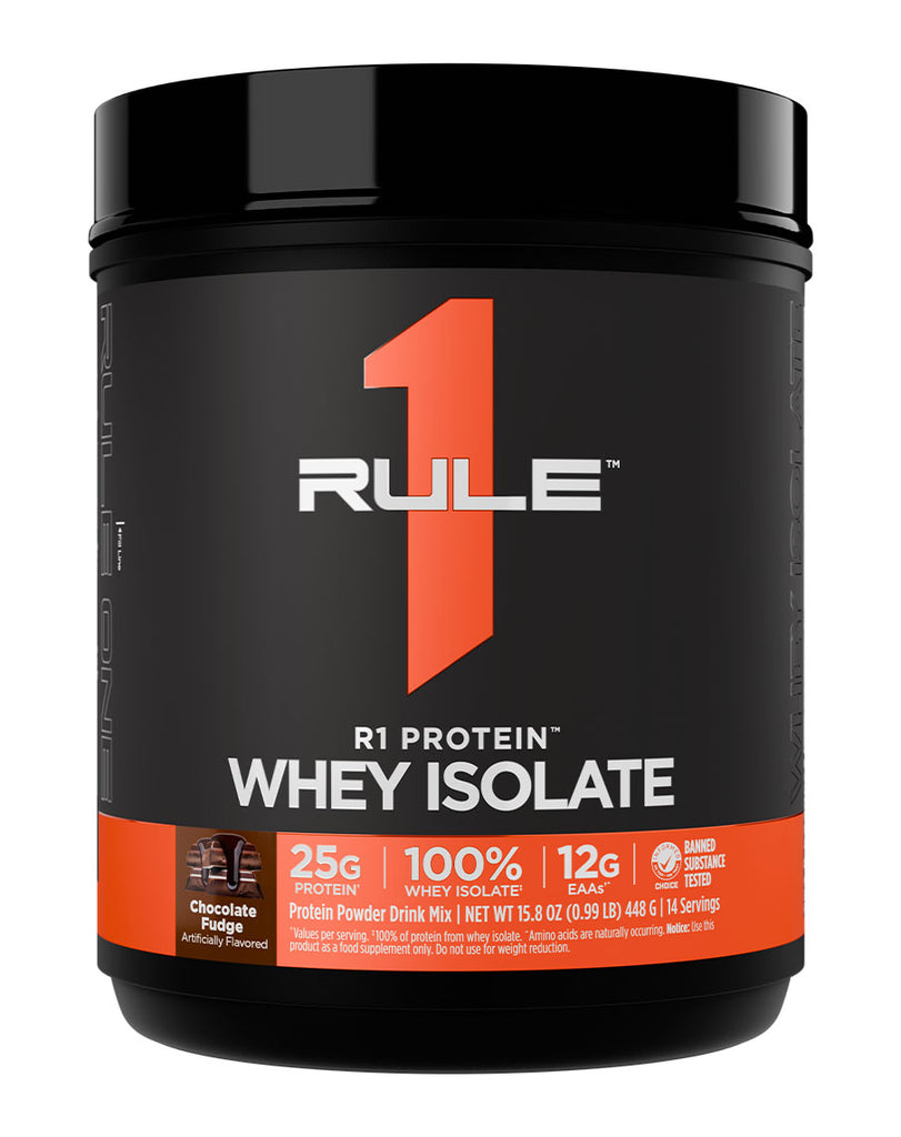 Black Rule 1 R1 whey isolate container, chocolate fudge flavour, 816g tub with orange branding and 12g EAAs listed