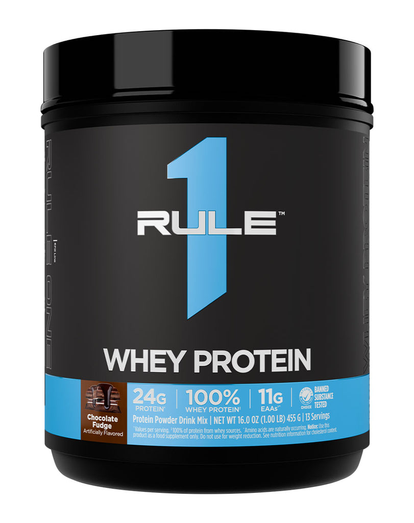 Black Rule 1 whey protein tub, chocolate fudge flavour, 1lb container with blue branding and 11g EAAs on front label