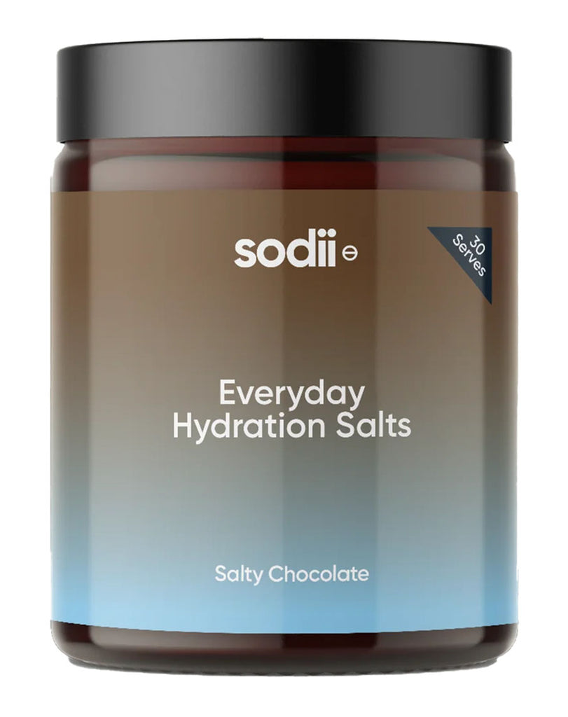 sodii Everyday Hydration Salts Salty Chocolate electrolyte supplement jar, 30 serves, black lid