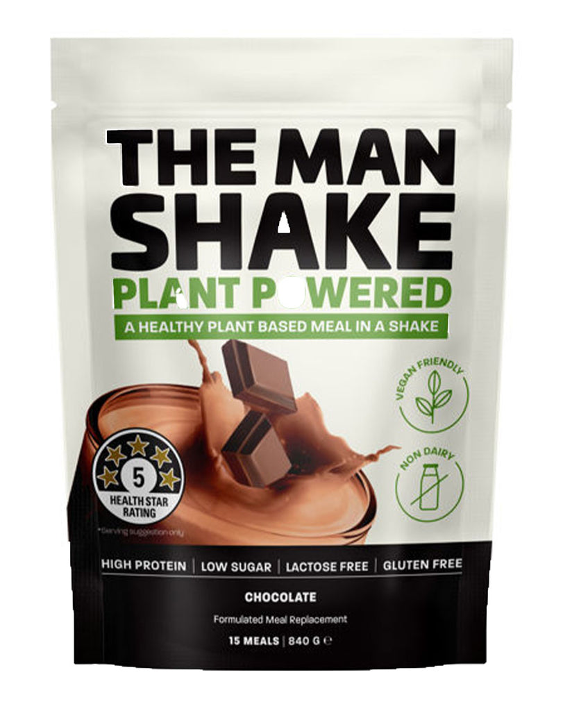 Chocolate plant-based protein shake by The Man Shake, 840g pouch with high protein and low sugar