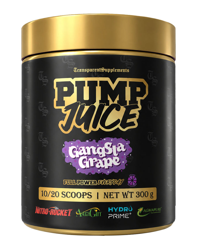 Transparent Supplements Pump Juice Gangsta Grape pump pre-workout, 300g black and gold tub