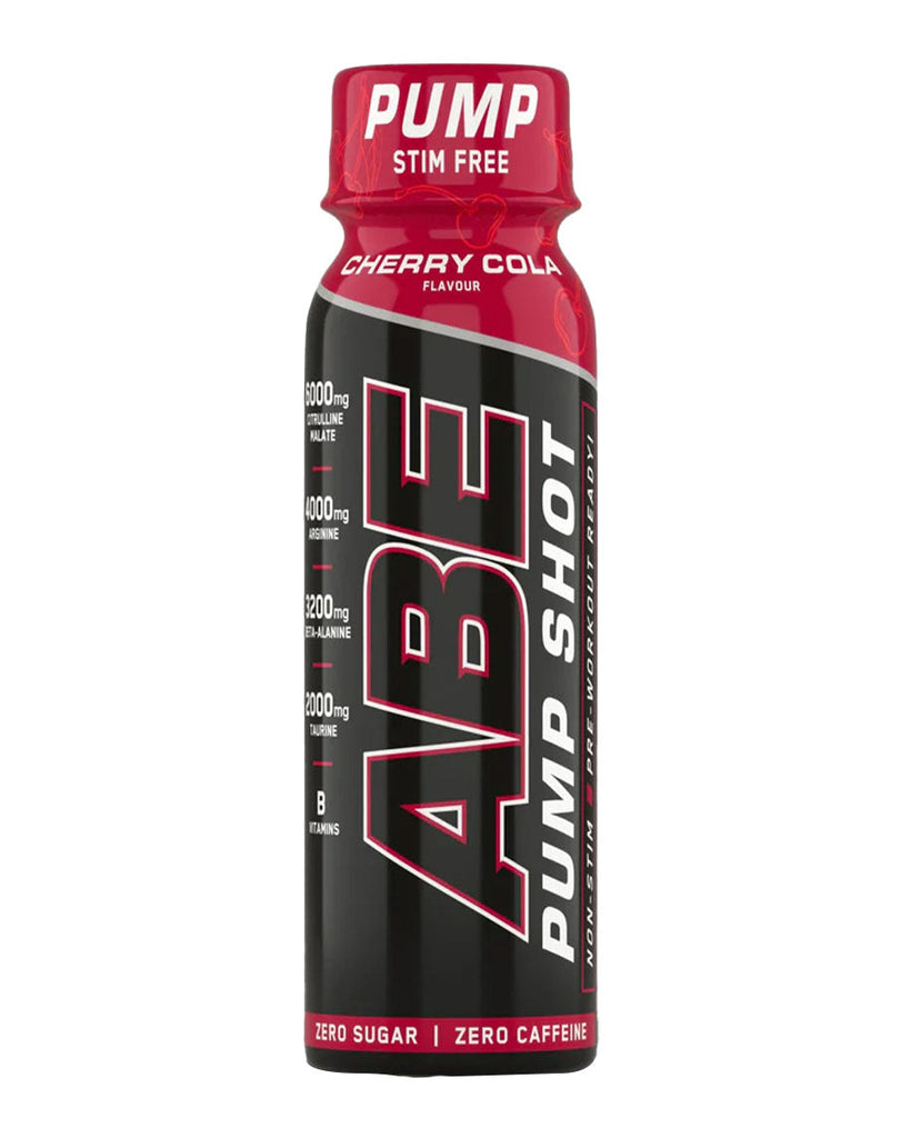 Black and red ABE Pump Shot supplement bottle, stim-free cherry cola pre-workout formula