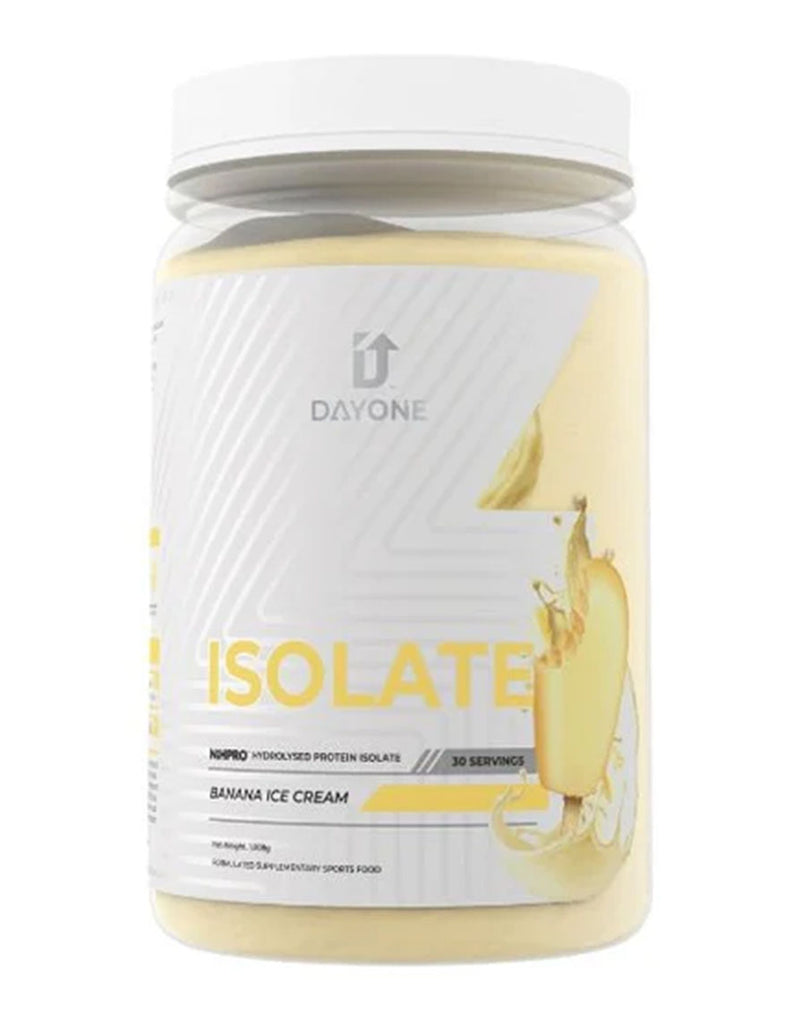 DAYONE Isolate whey protein powder Banana Ice Cream flavour, 30 serves hydrolysed protein isolate tub