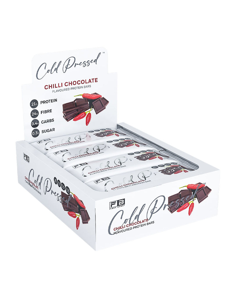 FB Fibre Boost Chilli Chocolate flavoured protein bar retail display carton featuring cold pressed 60g protein bars