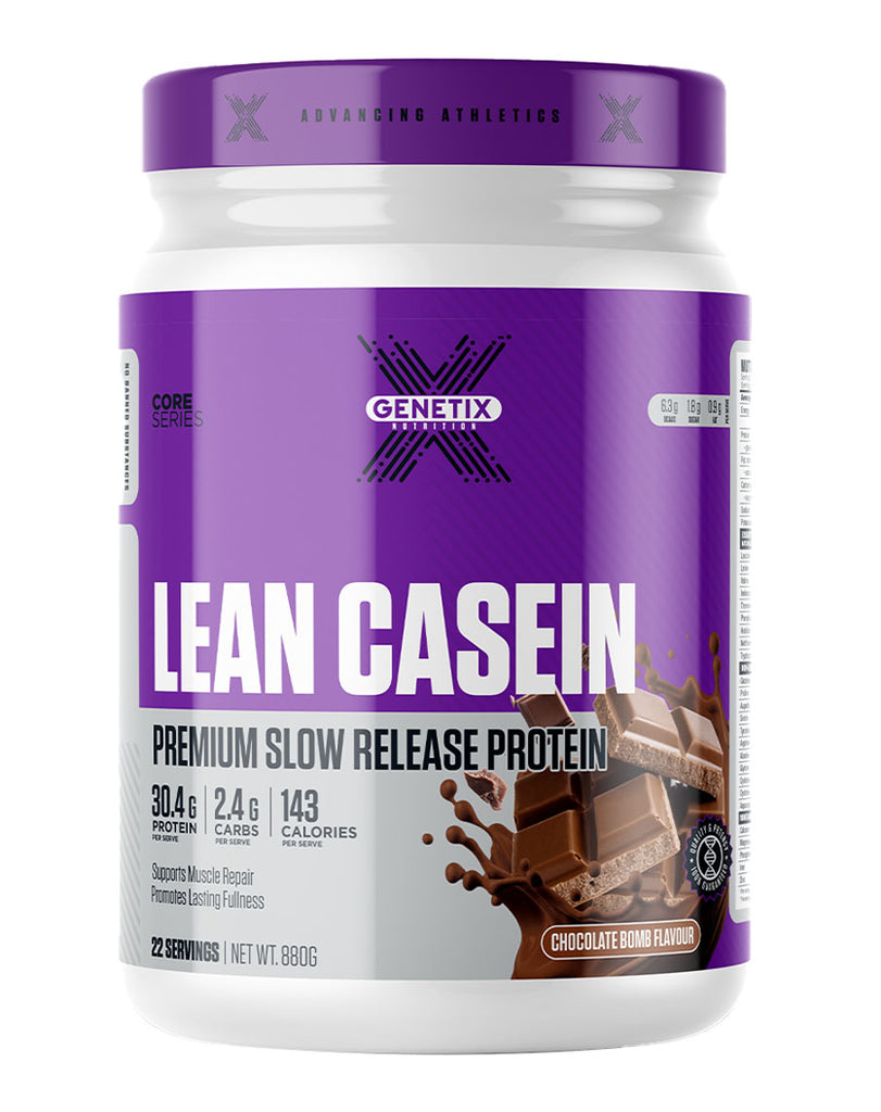 Chocolate Bomb Lean Casein protein powder by Genetix Nutrition, 880g white container with premium protein branding
