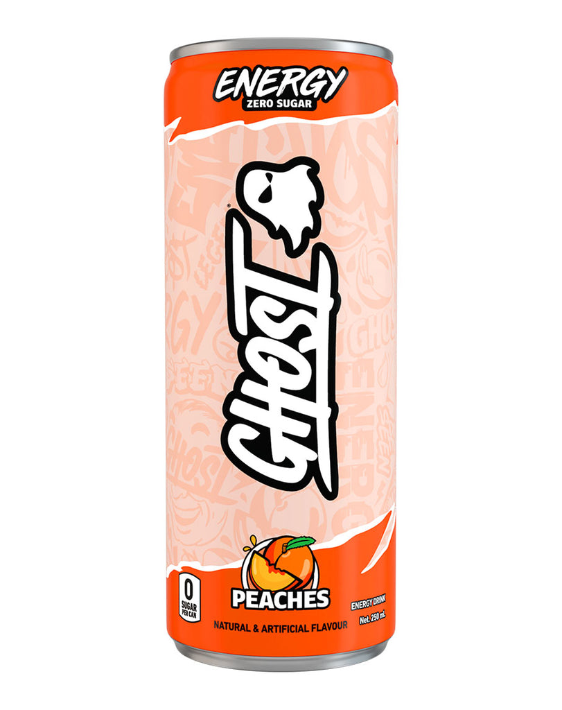 Ghost Energy zero sugar peaches energy drink, 250mL slim can with orange label and peach graphic