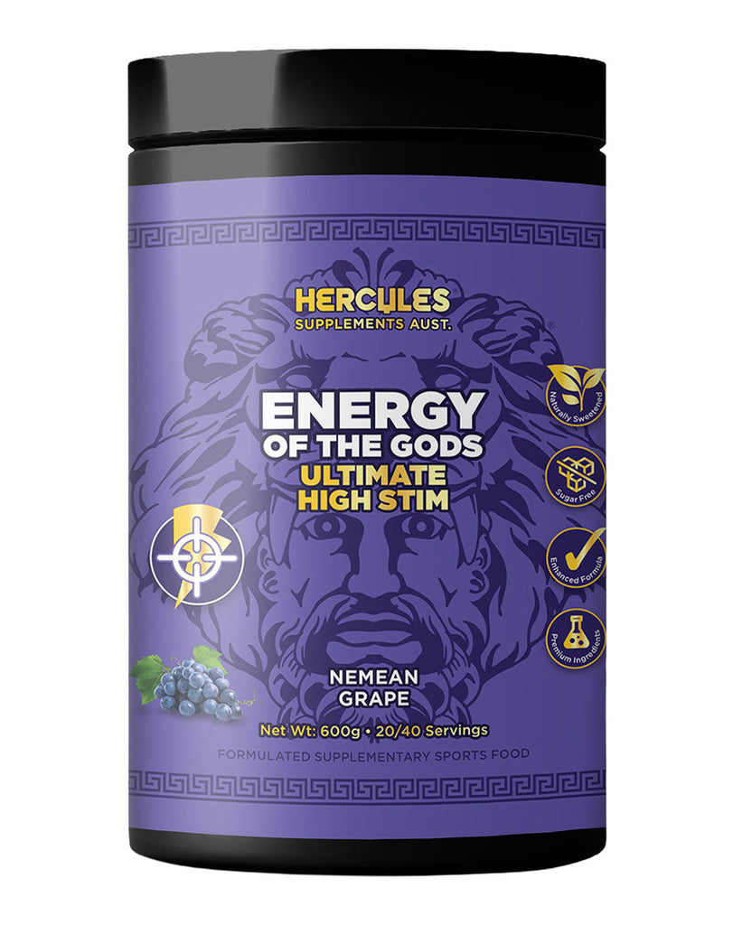 Hercules Supplements Aust high-stim pre-workout powder in Nemean Grape, 600g container with Zeus label design