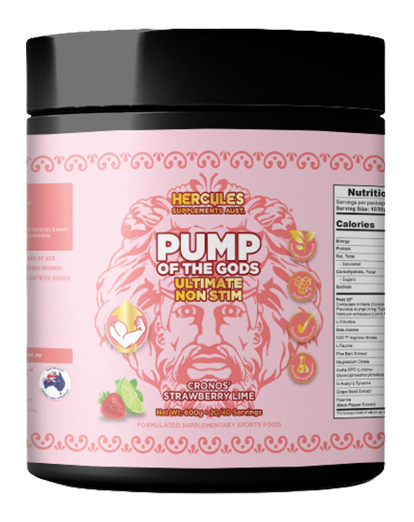 Hercules Pump of the Gods Ultimate Non Stim pre-workout powder, Cronos Strawberry Lime flavour, 600g container