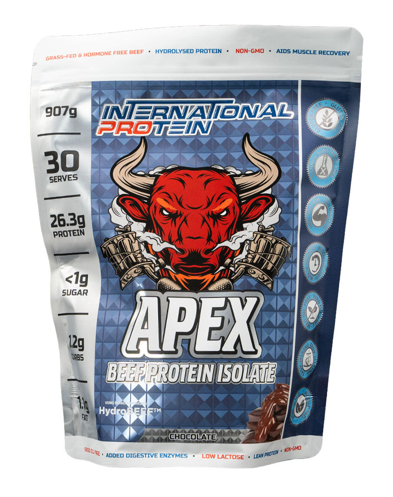 907g International Protein APEX beef protein isolate in chocolate flavour, resealable pouch with bull branding
