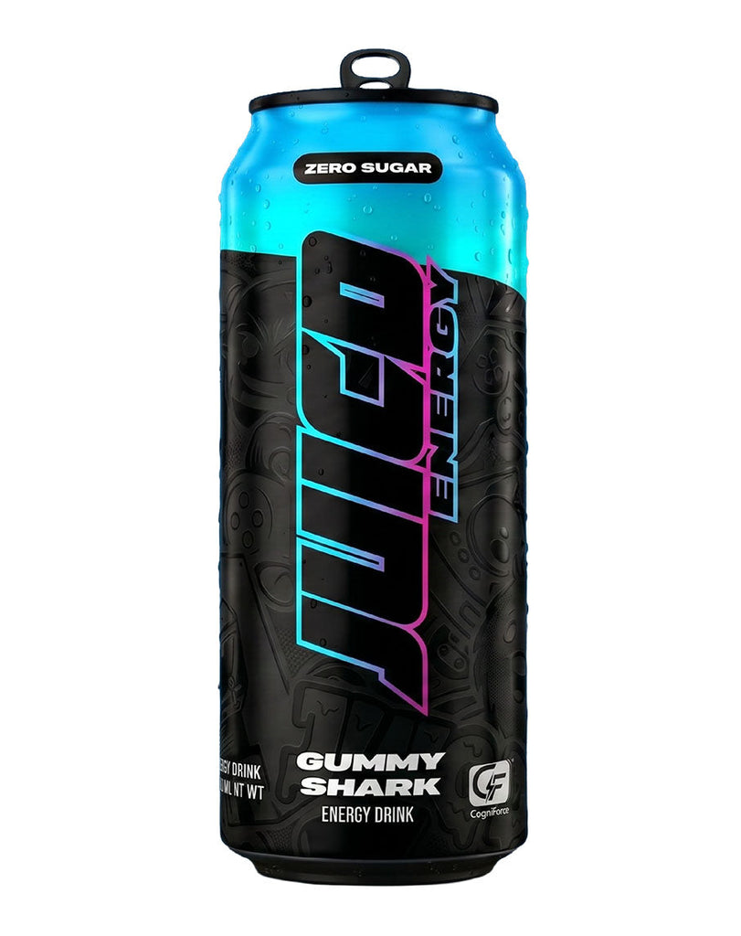 Gummy Shark C4 Energy drink in a black and aqua can, featuring zero sugar branding