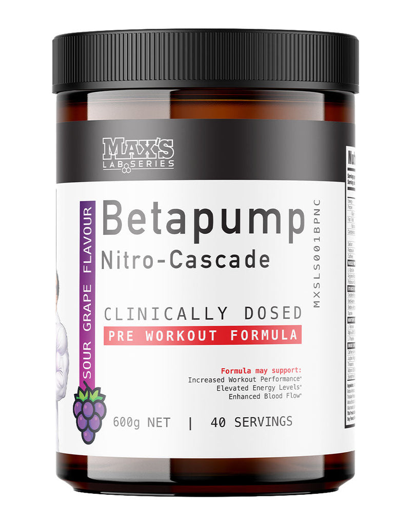 Max's Betapump Nitro-Cascade pre-workout supplement in sour grape flavour, 600g container, clinically dosed formula