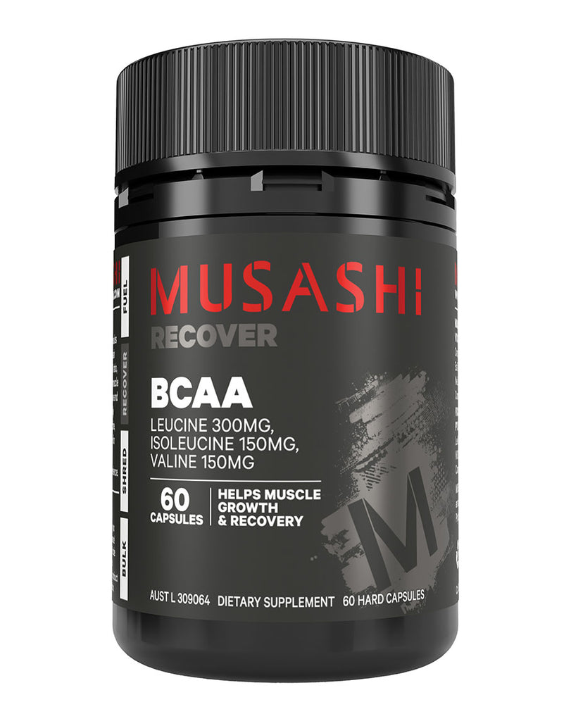 Black cylindrical container of Musashi Recover BCAA capsules with bold red MUSASHI logo, grey RECOVER text, and silver-white label showing amino acid dosages.