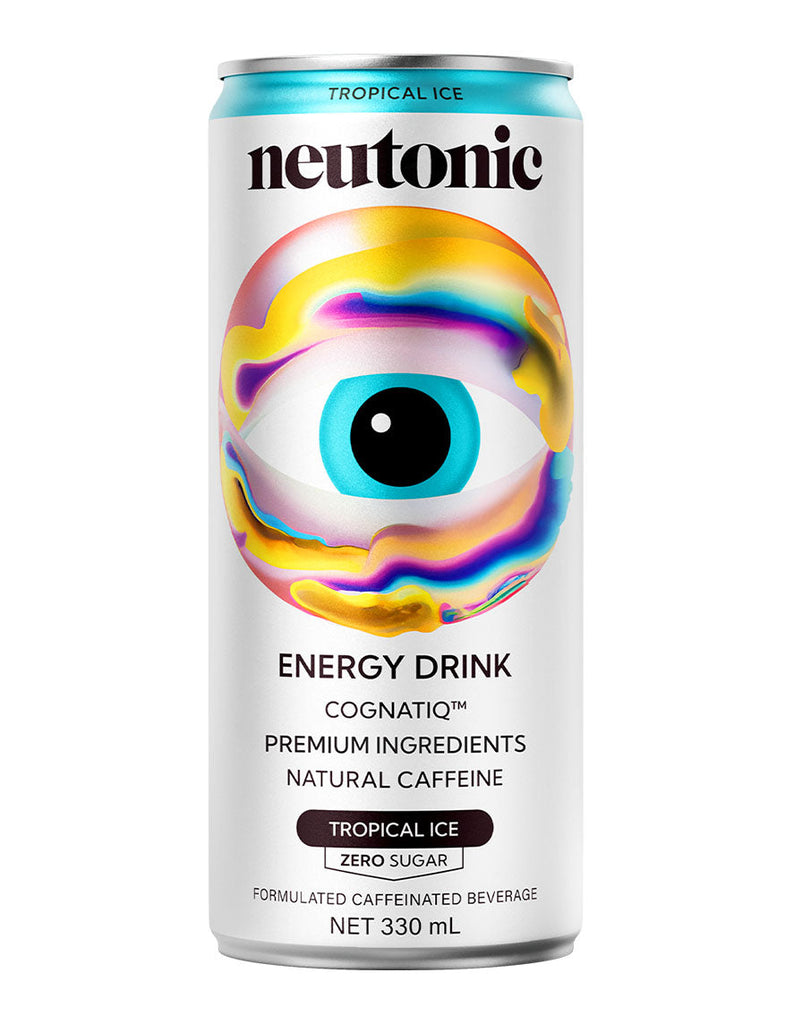 Neutonic 330mL Tropical Ice zero sugar energy drink in a silver can featuring vibrant artwork and CognatiQ