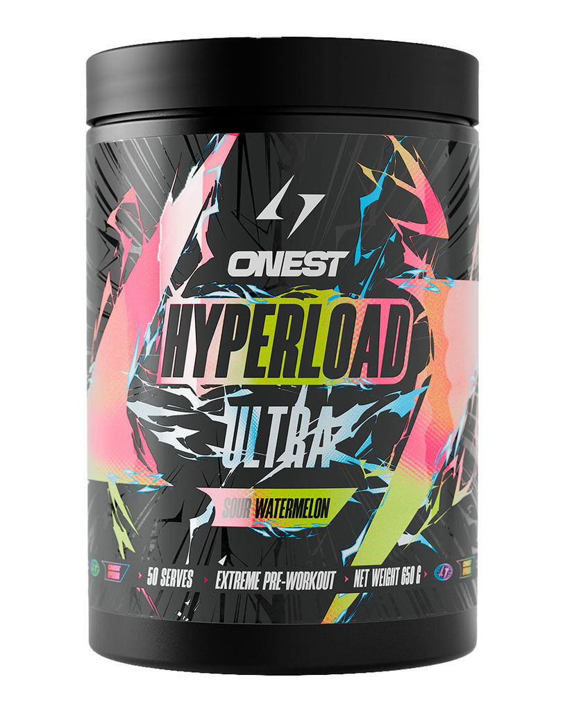 Onest Hyperload Ultra pre-workout supplement in Sour Watermelon flavour, 50 serves with colourful black packaging