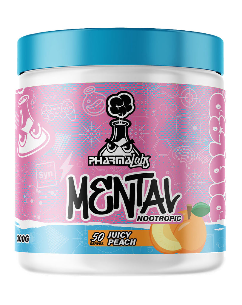 Juicy peach Mental nootropic powder Pharma Labs 300g tub white with blue lid pink branding cognitive support formula