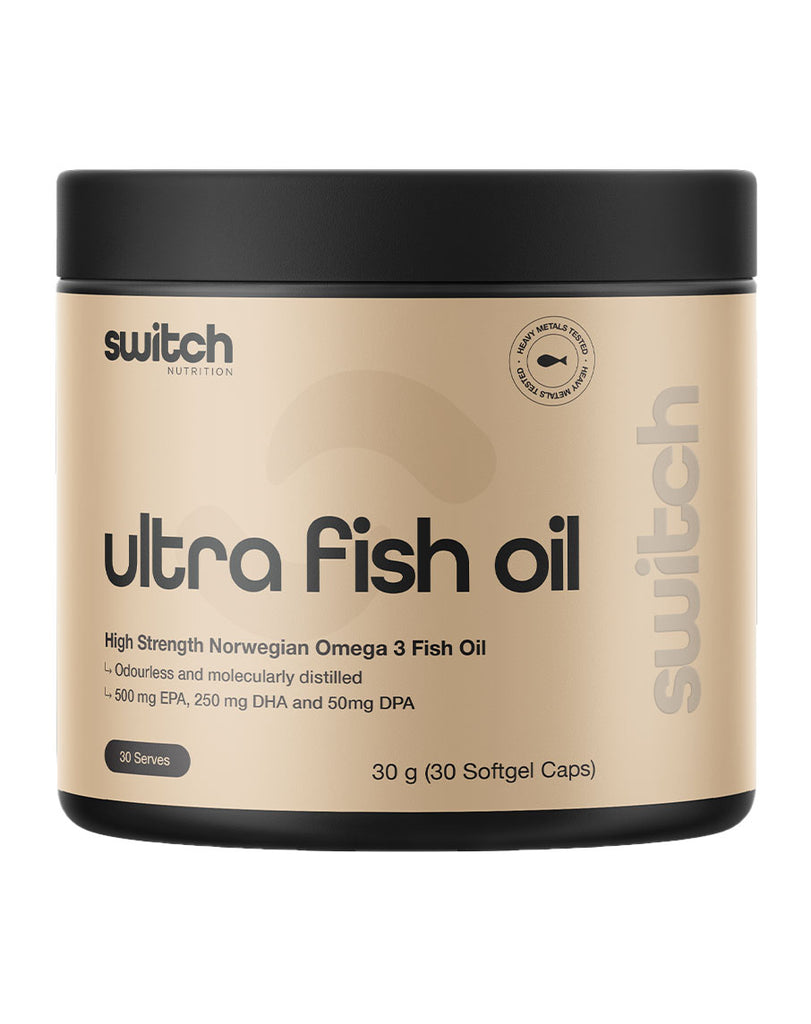 Switch Nutrition ultra fish oil 30 softgel caps, omega 3 supplement 30g, Norwegian fish oil beige tub black lid