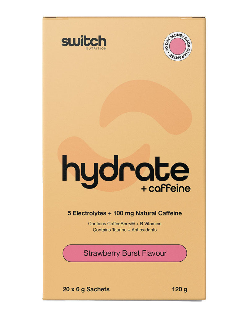 Strawberry Burst electrolyte + caffeine drink by Switch, 20 x 6g sachets in peach box with label details