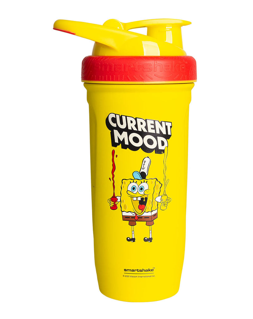 SpongeBob-themed Smartshake shaker, yellow with red top, bold "Current Mood" text and cartoon print