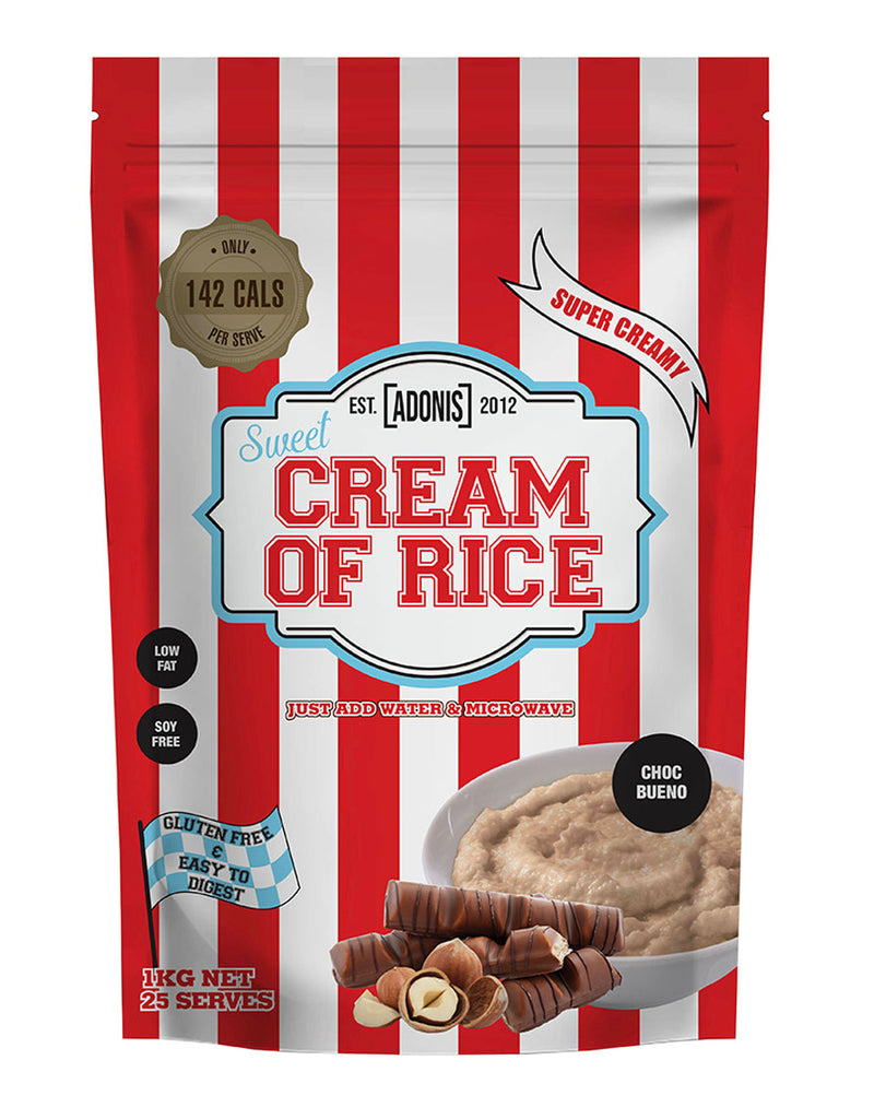 Adonis Choc Bueno cream of rice cereal, 1kg stand-up bag featuring red striped packaging and front label branding