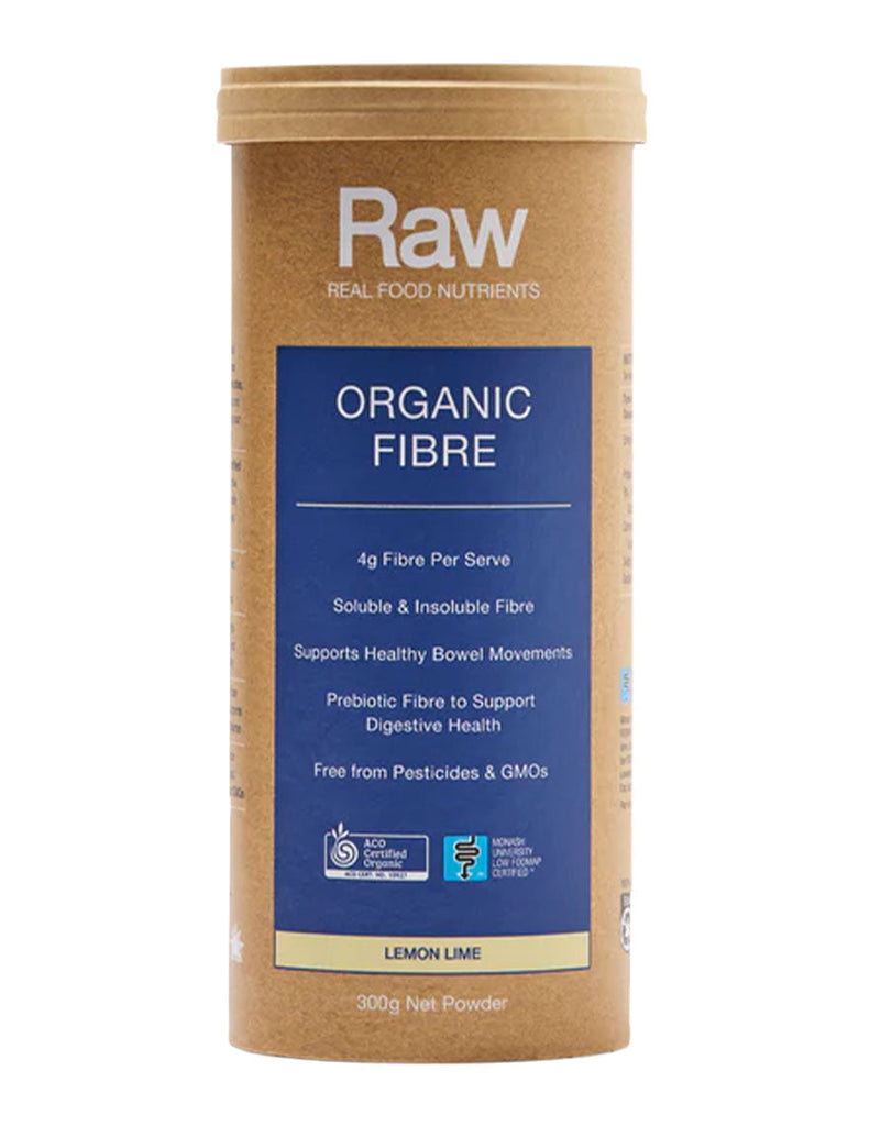 Lemon lime Raw fibre powder, 300g canister showing organic certification and digestive health support