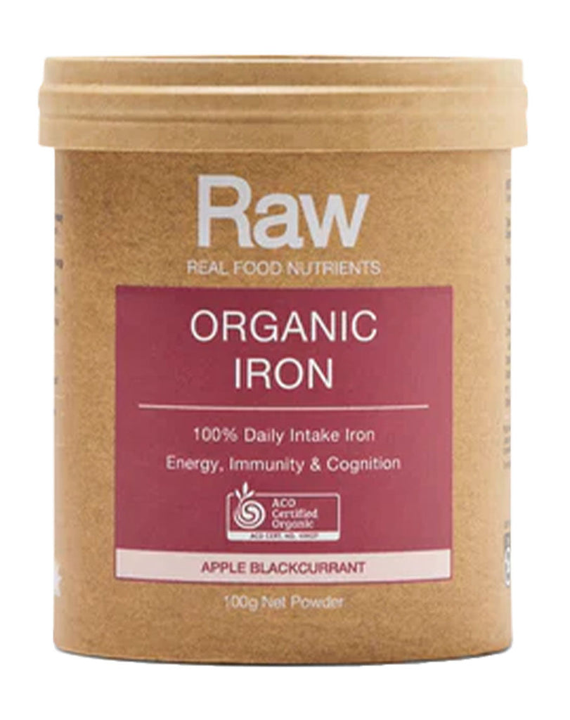 100g Raw iron powder with apple blackcurrant flavour, certified organic, in kraft-style container