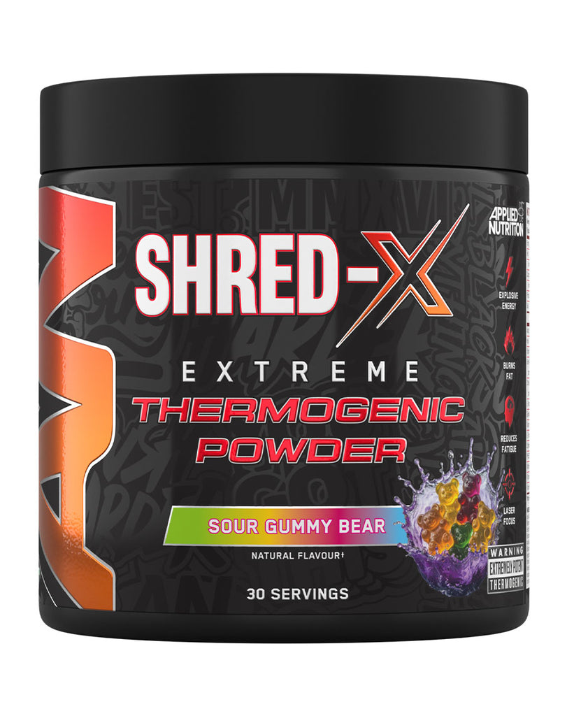 Applied Nutrition Shred-X Extreme pre-workout style thermogenic supplement powder, Sour Gummy Bear 30 serve tub