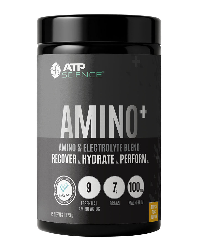 Tropical fruit ATP Science Amino+ recovery supplement, 375g container with amino acids and electrolyte blend label