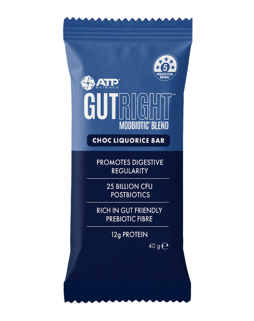 GutRight Modbiotic choc liquorice snack bar by ATP Science, 40g with postbiotics and gut health support