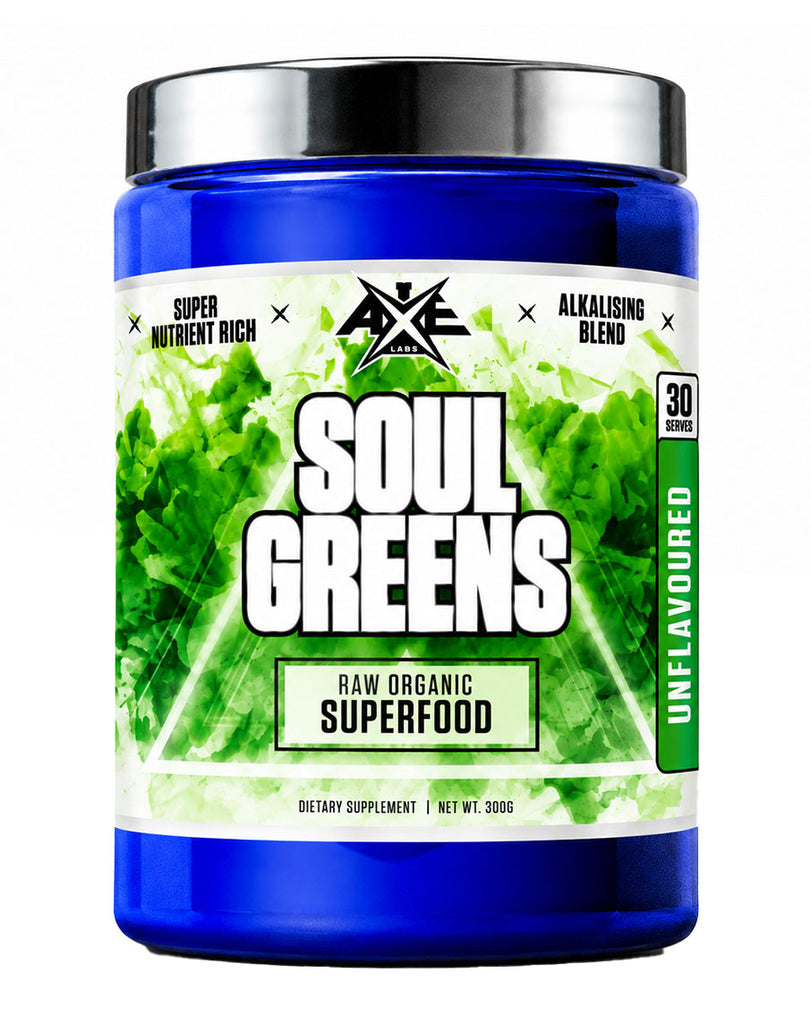 Axe Labs Soul Greens 300g greens powder, unflavoured alkalising blend with 30 serves in a blue container