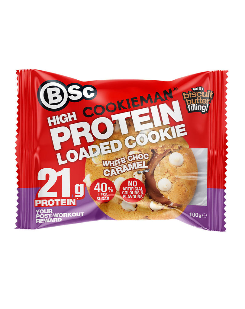 BSc Cookieman high protein cookie, white choc caramel flavour, 100g snack pack with biscuit butter centre