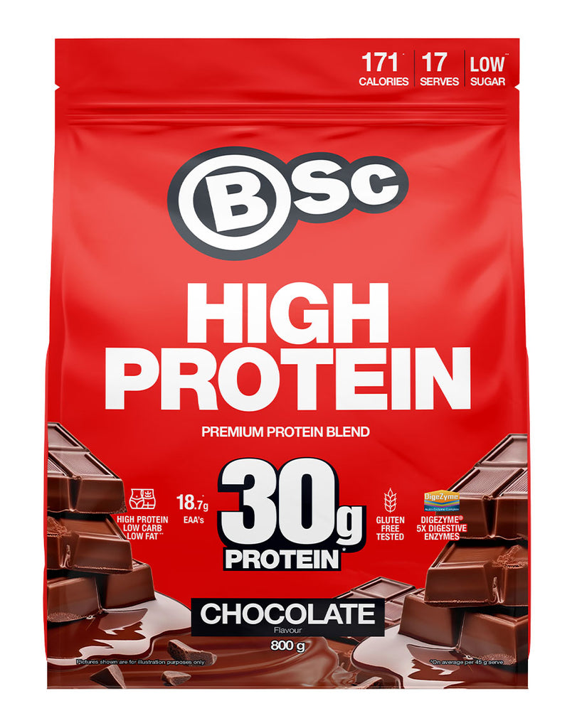 BSc High Protein chocolate supplement 800g soft pouch featuring red pack, 30g protein and chocolate block graphic