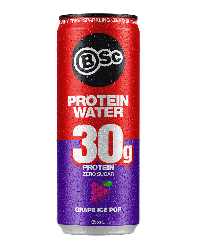 BSc protein water grape ice pop 355ml can, 30g protein zero sugar sparkling drink