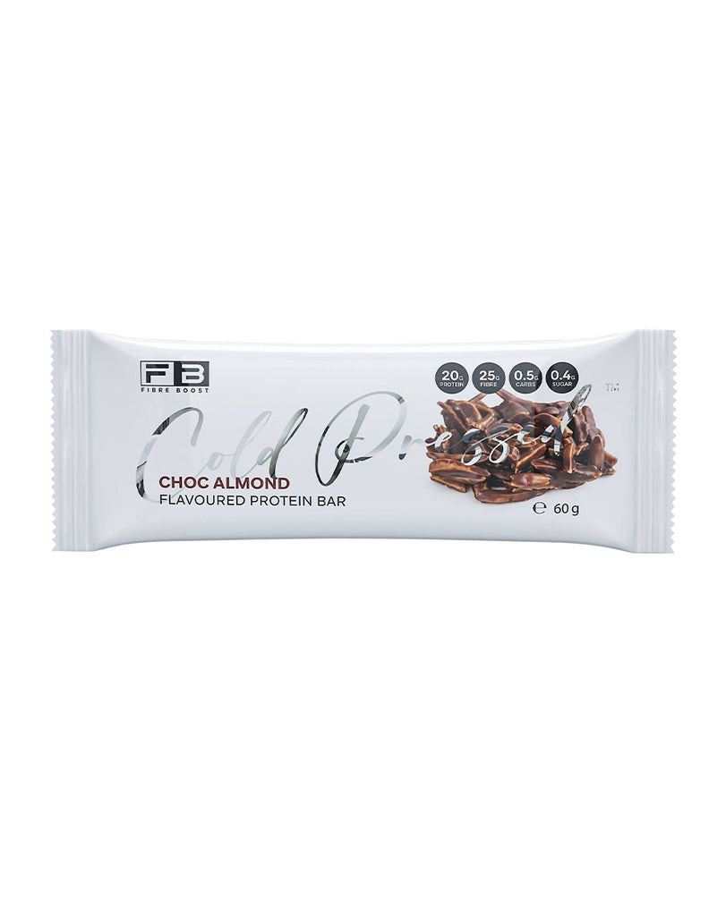 Cold Pressed 60g Choc Almond protein bar by Fibre Boost, white pack showing nutritional highlights