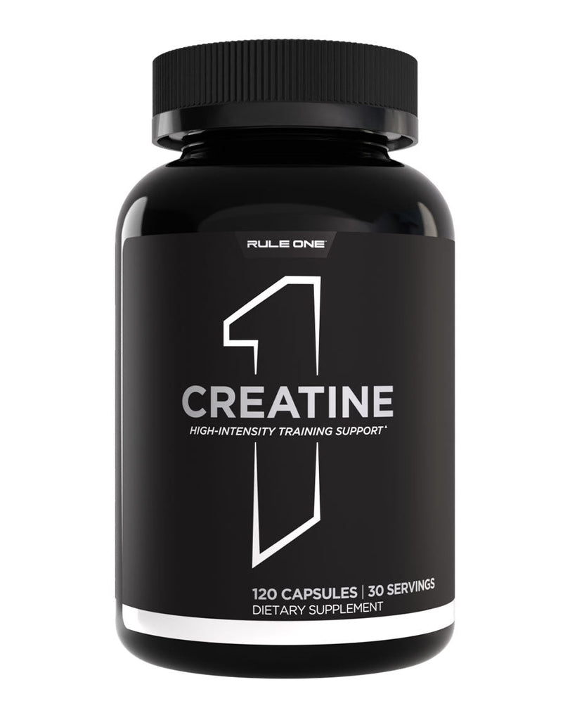 120-count creatine supplement by Rule One in sleek black container, designed for workout performance