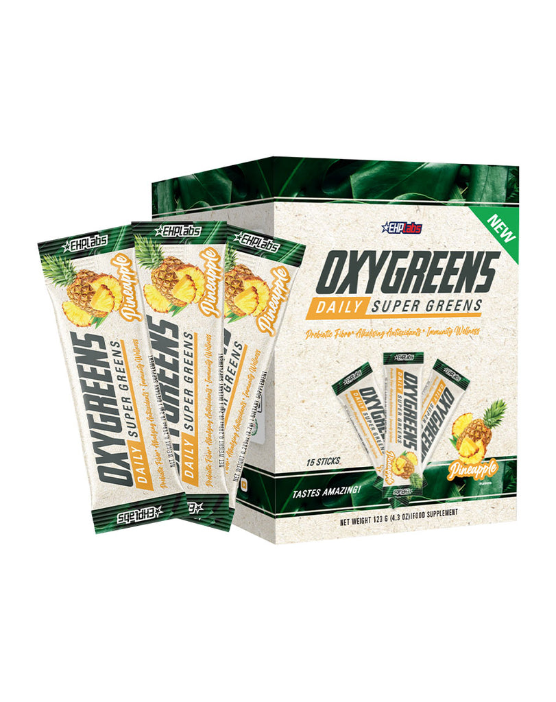 OxyGreens Pineapple by EHP Labs, daily greens powder supplement with 15 convenient stick packs