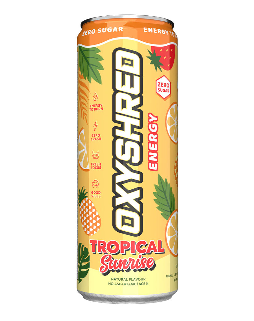 Tropical Sunrise OxyShred Energy drink in a slim can, featuring zero sugar and colourful pineapple, citrus and leaf graphics