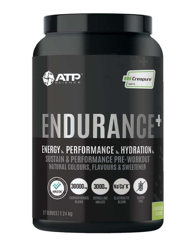 Black container of ATP Endurance+ pre-workout, lemon lime flavour, 1.24kg with performance and hydration blend