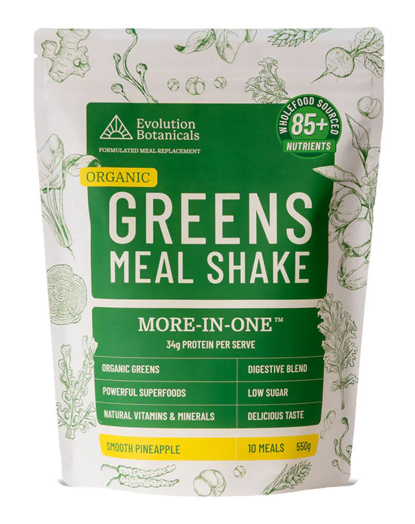 Evolution Botanicals Greens Meal Shake in Smooth Pineapple flavour, 550g pouch with green and yellow label