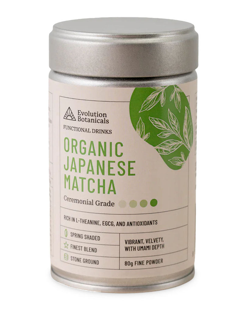 Ceremonial grade Japanese matcha by Evolution Botanicals in an 80g metal container with green label