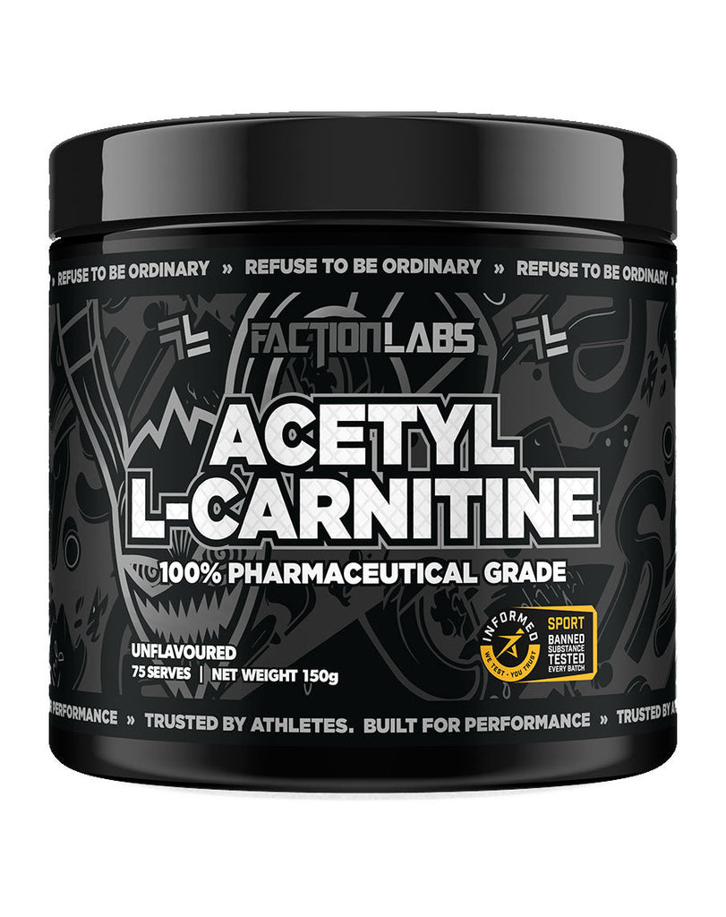Faction Labs L-carnitine supplement unflavoured 150g container, black jar with performance branding and white text