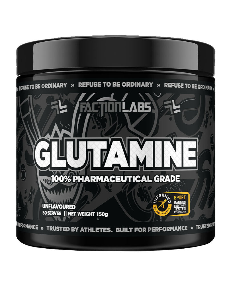 Unflavoured Faction Labs glutamine supplement 150g jar, black container with bold Glutamine label and athlete tested badge