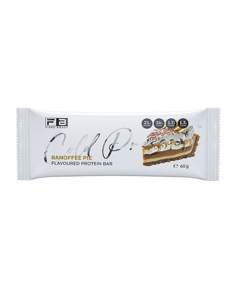 Cold Press protein bar by FB Fibre Boost, Banoffee Pie flavour, 60g pack with dessert-inspired branding and macros display